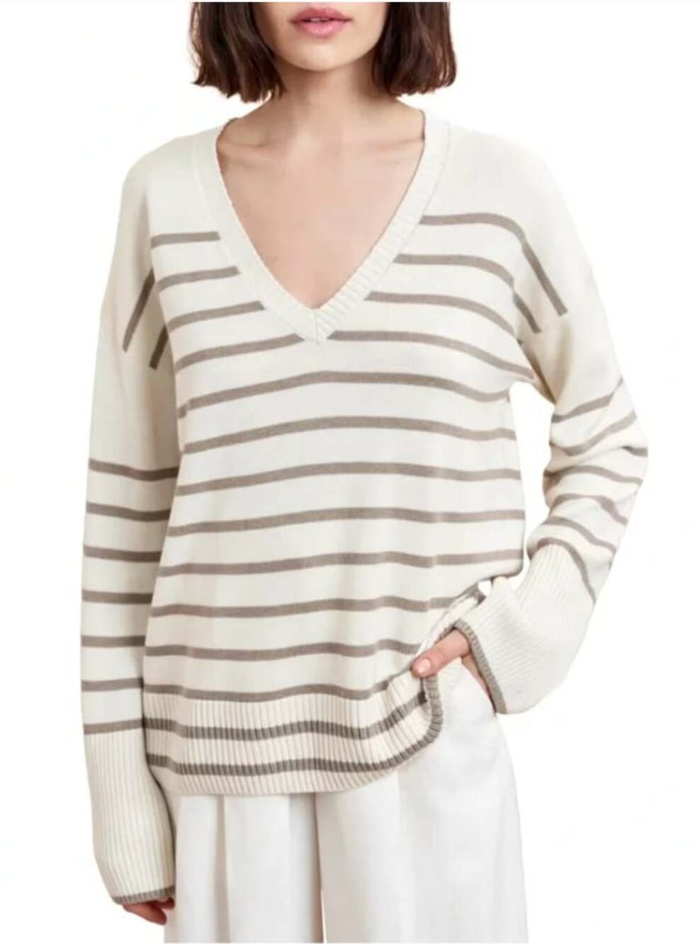 La Ligne Antoine Silk Cashmere Striped V-Neck Sweater in Beige Stripe Size XL